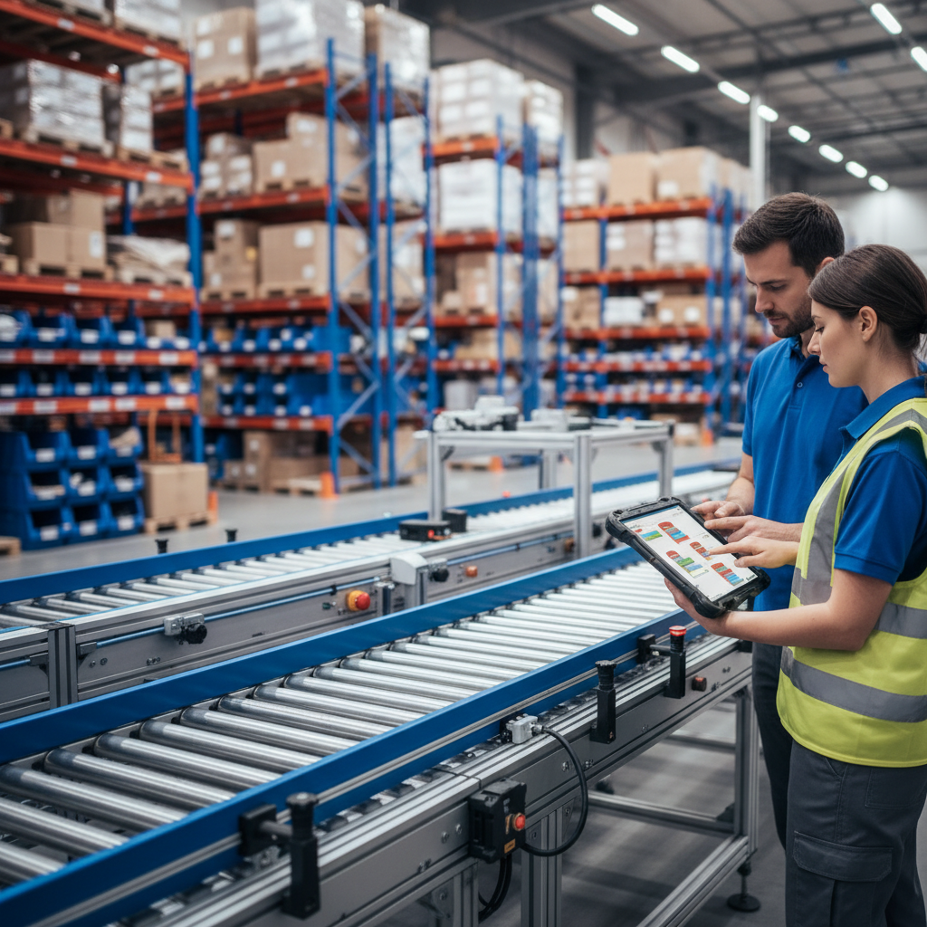 Een technicus en een manager gebruiken een tablet met een low-code interface om een modern transportsysteem te configureren in een magazijn in de Benelux.