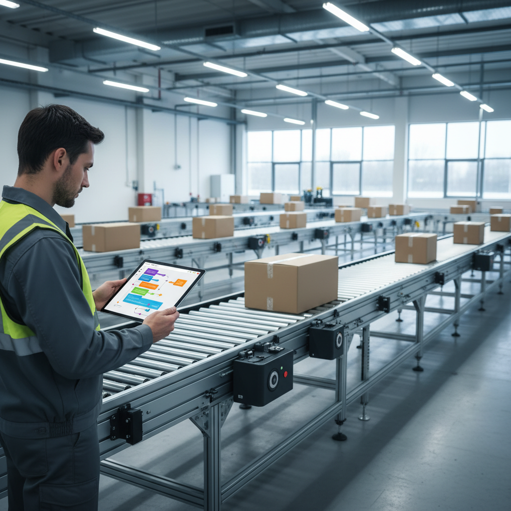 An engineer configuring a modular roller conveyor system in a modern warehouse using a low-code interface on a tablet.
