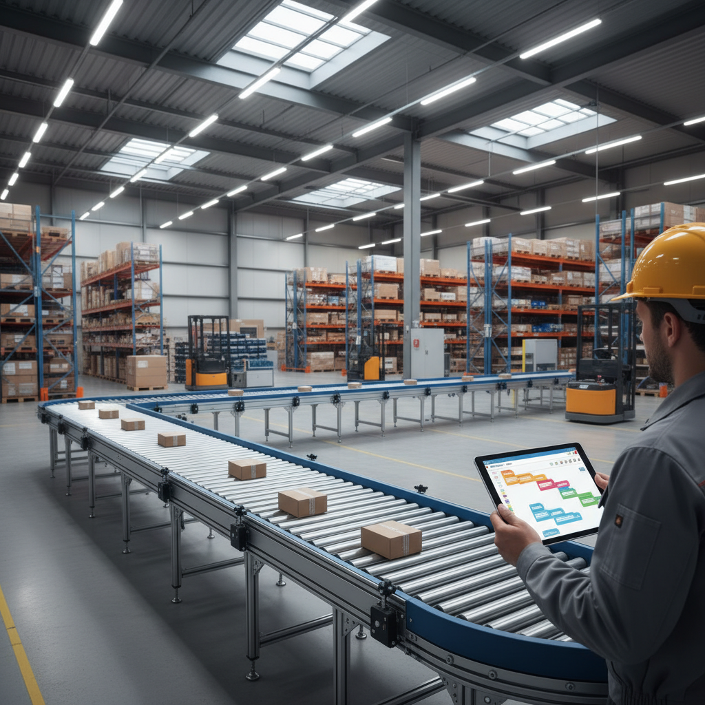 Een ingenieur die een modulair rollenbaansysteem configureert met een low-code interface op een tablet in een modern magazijn.
