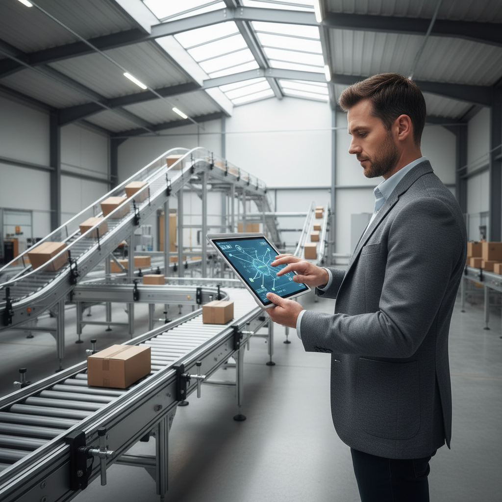 Een magazijnmanager gebruikt een tablet met een low-code-interface om een modern modulair transportsysteem in een Europees distributiecentrum te bedienen.