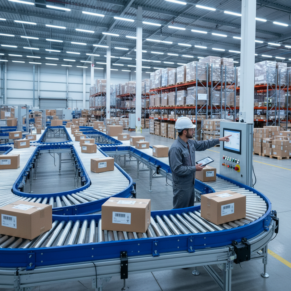 Ingenieurs in een modern Benelux-magazijn die een tablet gebruiken om een low-code transportbandsysteem te configureren.