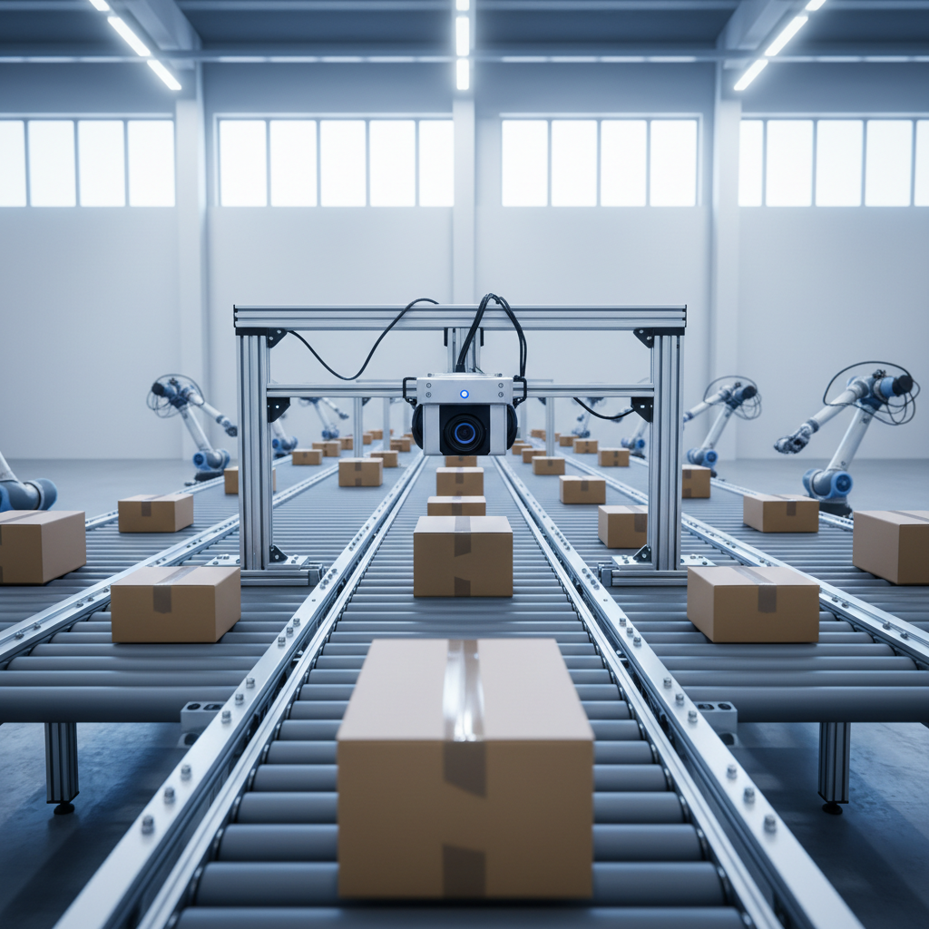 A machine vision camera system inspects packages on a fast-moving conveyor belt inside a modern Benelux distribution center.