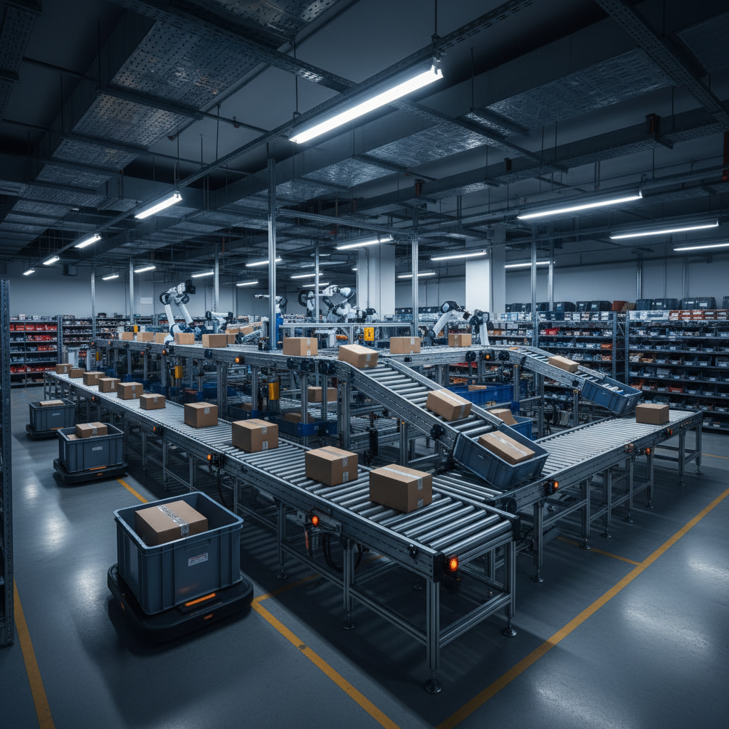 Een modern micro-fulfillment center met compacte band- en rollenbanen die pakketten efficiënt verplaatsen voor e-commerc