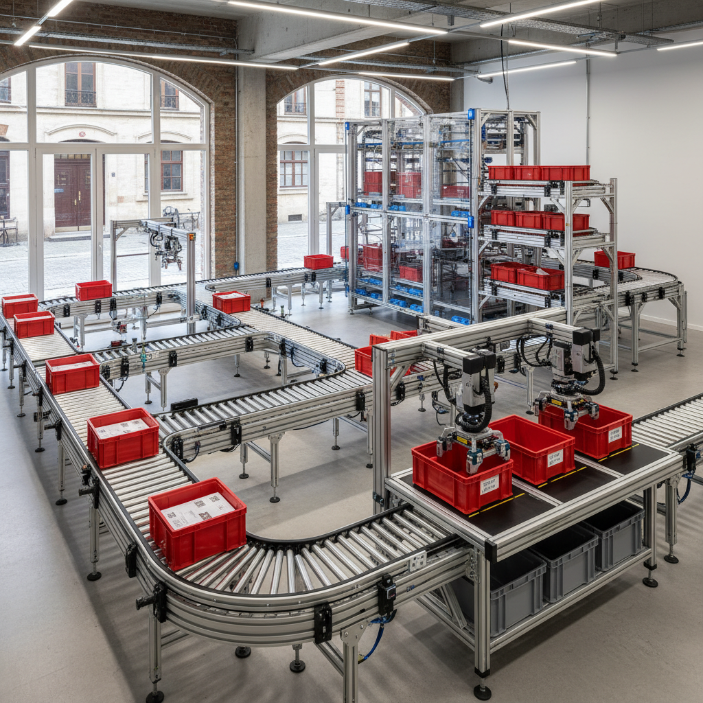 Ein modernes Micro-Fulfillment Center mit einem flexiblen modularen Fördersystem, das Behälter von einem AS/RS zu einer