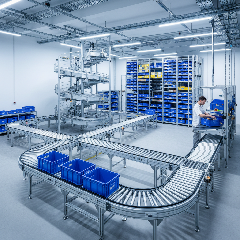 Een modern Micro-Fulfillment Center met een netwerk van compacte rol- en spiraaltransporteurs die bakken verplaatsen voor e-commerce orderverwerking.