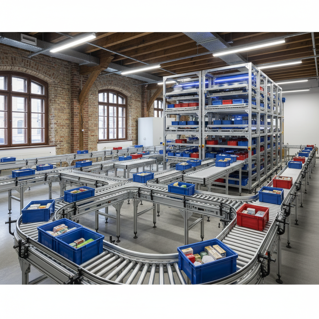 Ein modernes Mikro-Fulfillment-Zentrum mit einem Netzwerk kompakter Rollenförderer, die Behälter bewegen.