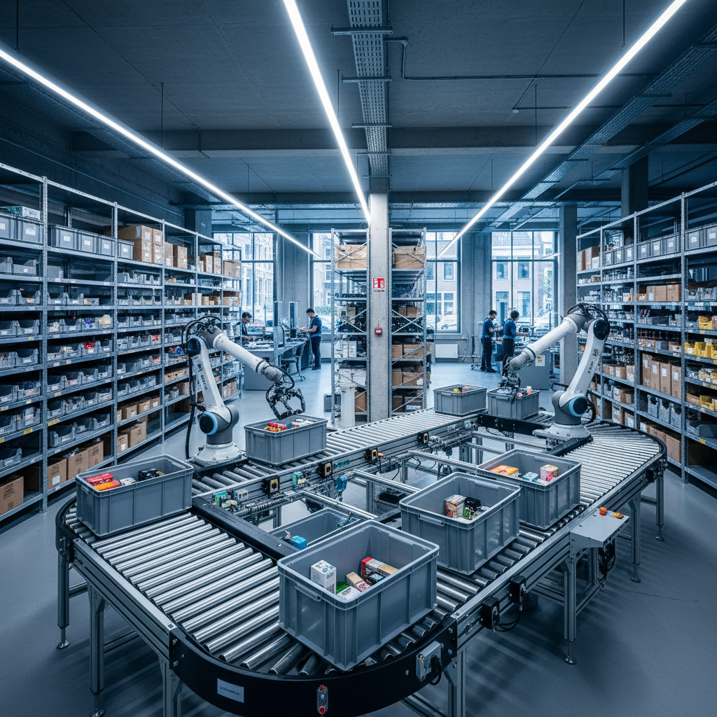 Ein modernes Micro-Fulfillment-Center in den Benelux-Ländern mit einem kompakten Rollenfördersystem für die städtische Logistik.