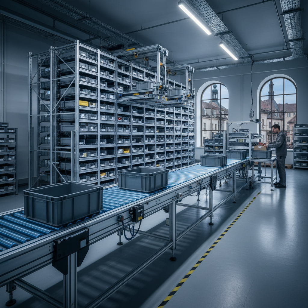 Een modern micro-fulfillmentcenter met een compact transportsysteem op de voorgrond en een automatisch opslagsysteem op de achtergrond.