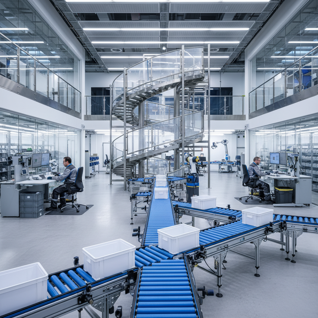 Un Micro-Fulfillment Center compact avec des systèmes de convoyeurs à rouleaux modulaires et spiraux déplaçant des bacs