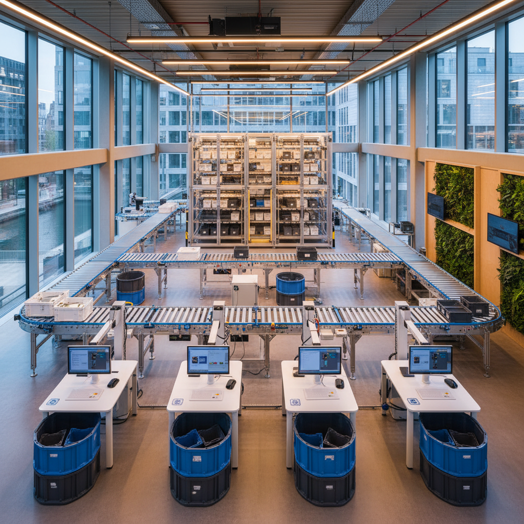 Ein modernes Micro-Fulfillment-Center mit flexiblen modularen Rollenförderern, die Behälter von einem AKL transportieren.
