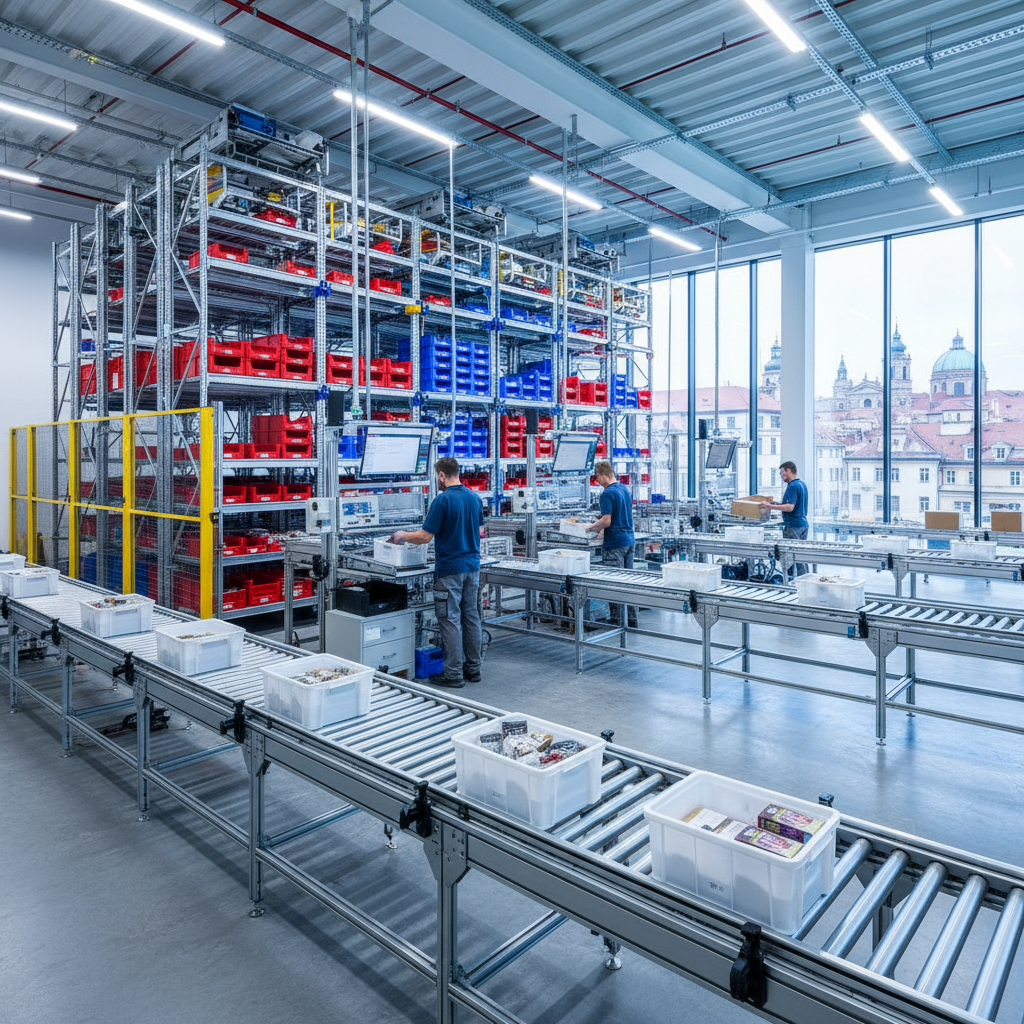 Kompakte Förderanlagen transportieren Behälter durch ein modernes Micro-Fulfillment-Center in den Benelux-Ländern.