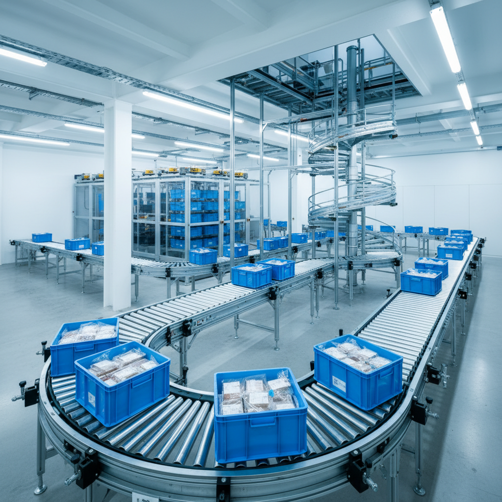 Ein modernes Micro-Fulfillment-Center in den Benelux-Ländern mit einem flexiblen, modularen Rollenbahnsystem, das blaue Behälter effizient durch einen kompakten Raum bewegt.