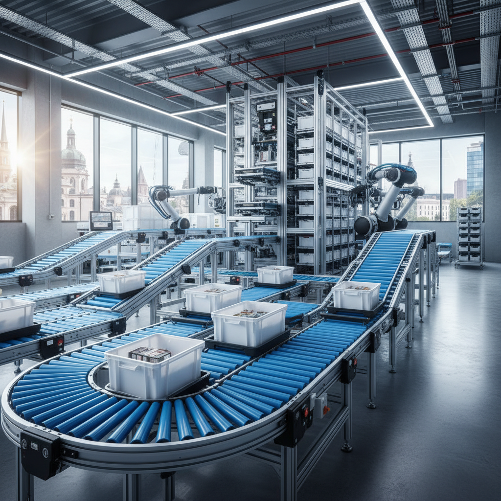 Un centre de micro-fulfillment moderne avec des convoyeurs à rouleaux modulaires compacts transportant des bacs.