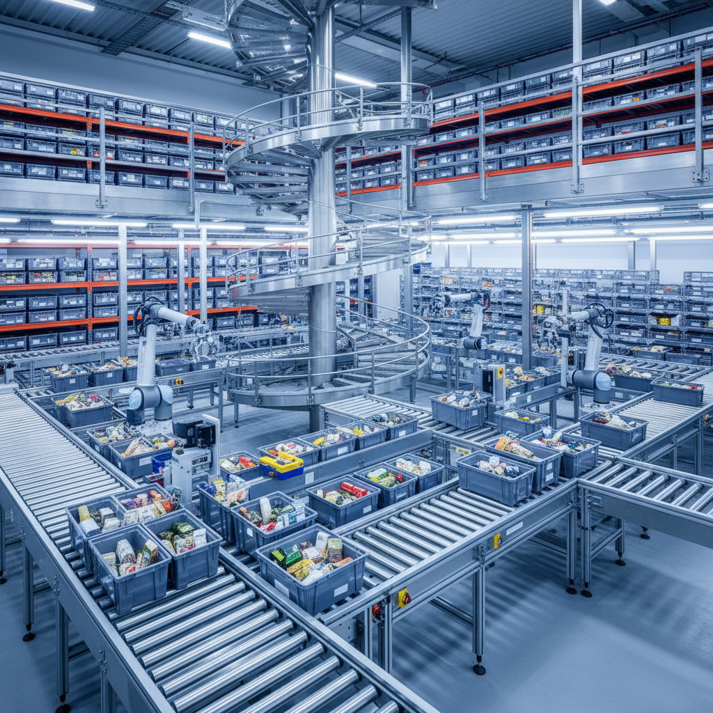Compact conveyorsysteem met rollenbanen en een spiraaltransporteur in een modern micro-fulfilment center in de Benelux.