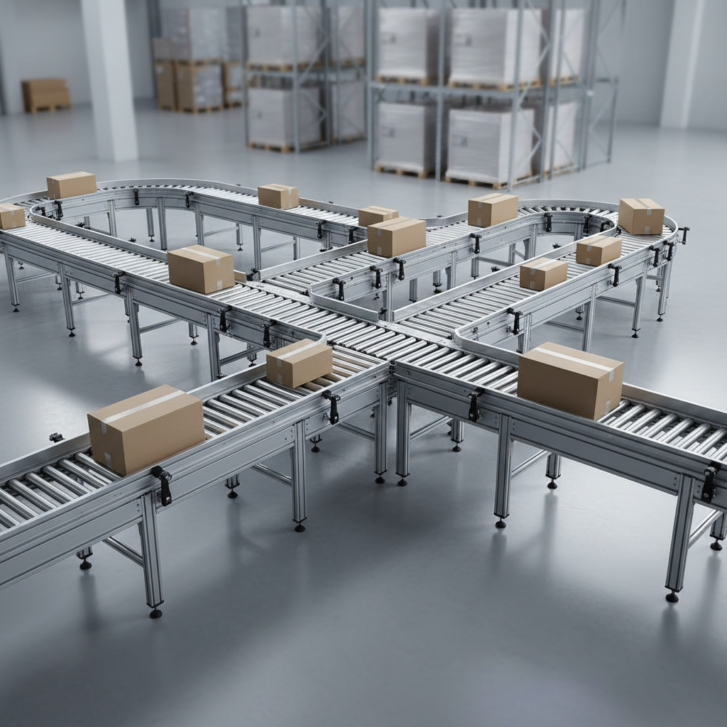 Een modern modulair rollenbaansysteem met kruisende lijnen in een licht Europees logistiek centrum.