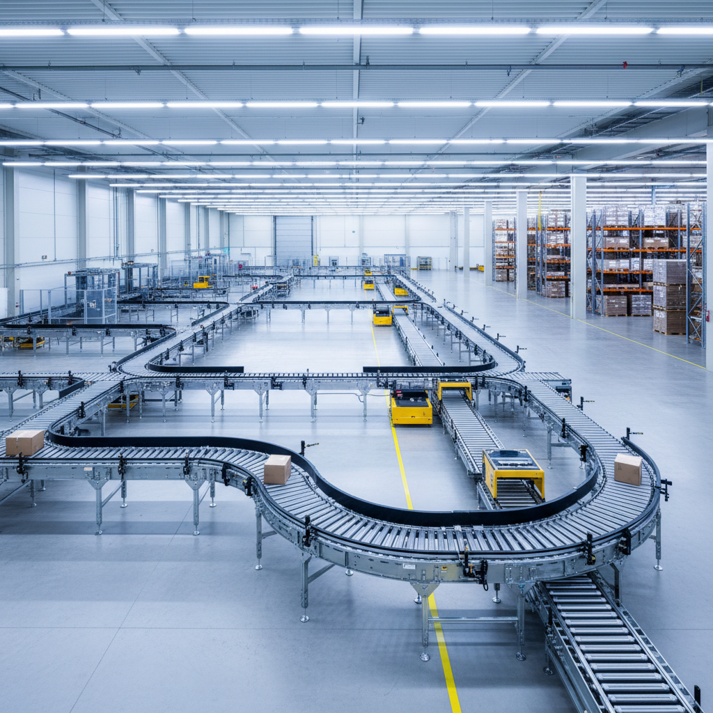 Een modern modulair transportsysteem in een schone, goed verlichte Europese magazijn, dat flexibiliteit en schaalbaarhei