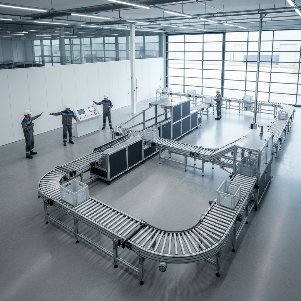 Een helder verlicht, modern Benelux magazijn met een flexibel modulair rollenbaansysteem dat efficiënt pakketten transpo