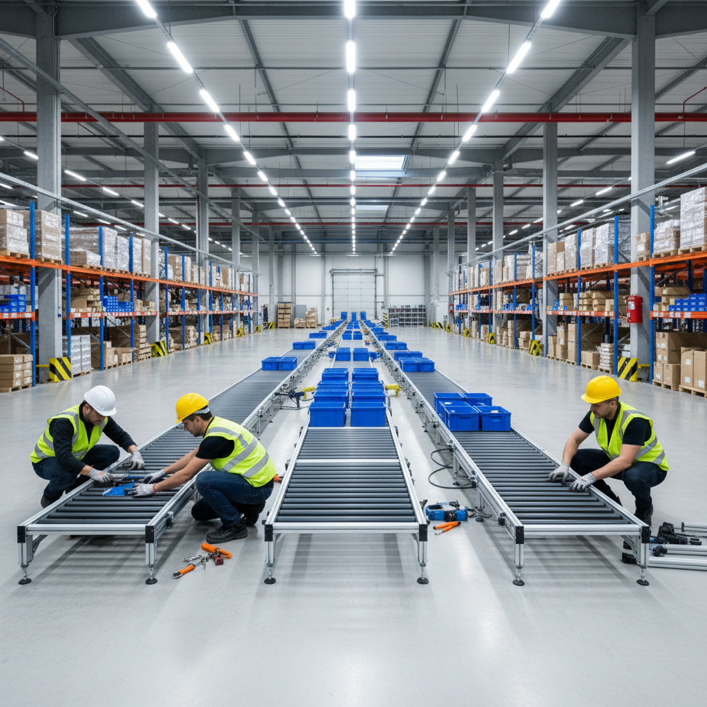 Ingenieurs assembleren een modulair rollenbaansysteem in een modern distributiecentrum, wat de flexibiliteit ervan toont