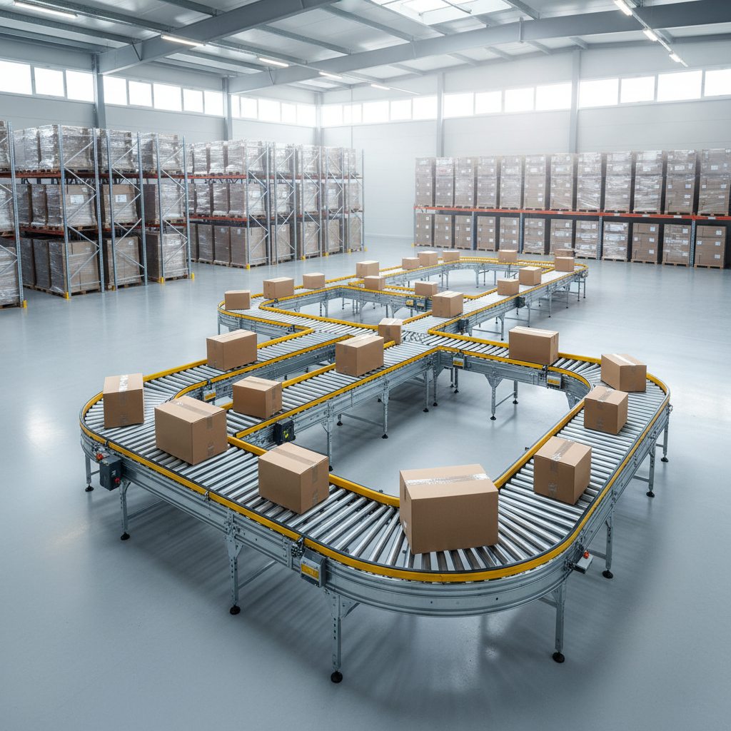 Een modern modulair rollenbaansysteem met gele accenten in een schoon Benelux-magazijn, dat kartonnen dozen van verschil