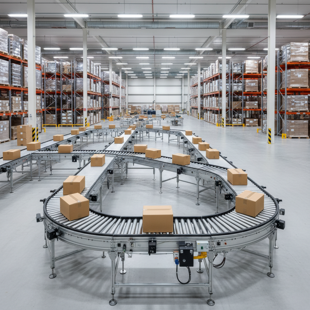 Een modern modulair rollenbaansysteem met meerdere bochten in een helder en georganiseerd Europees distributiecentrum, d