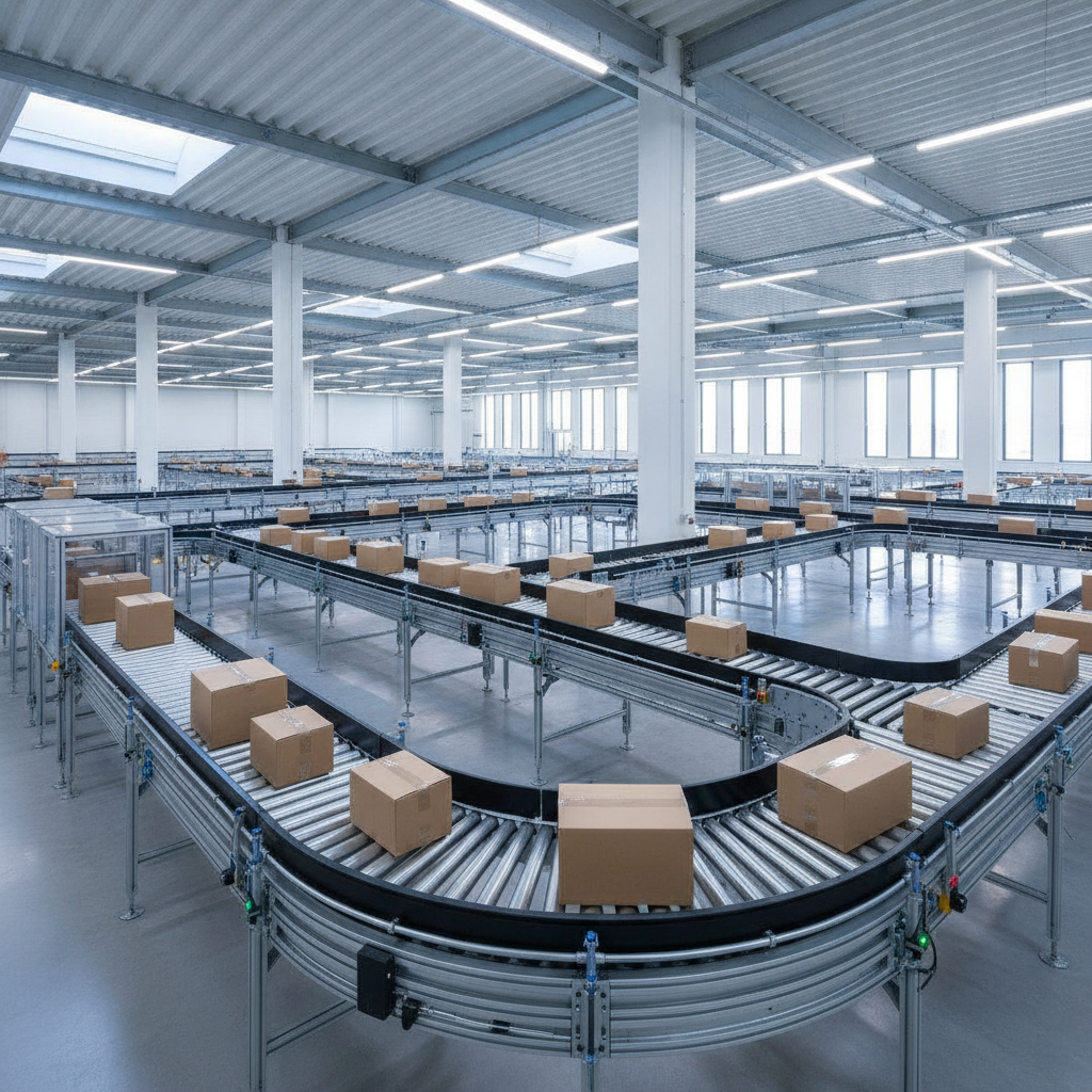 Een modulair rollenbaansysteem transporteert efficiënt pakketten door een modern, goed verlicht Europees magazijn, wat f