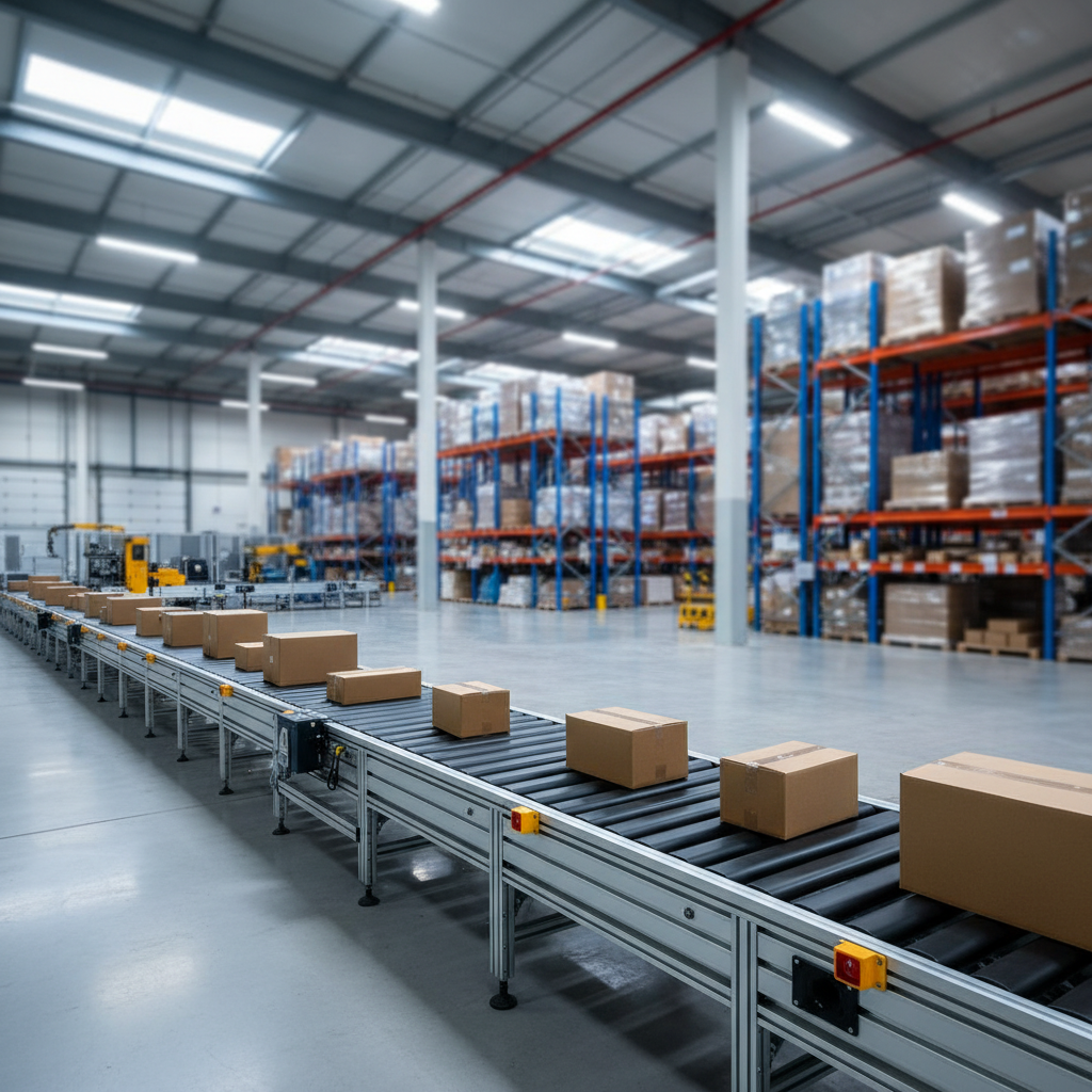 A modular belt conveyor system with clearly visible sections, efficiently transporting packages inside a modern European distribution center.