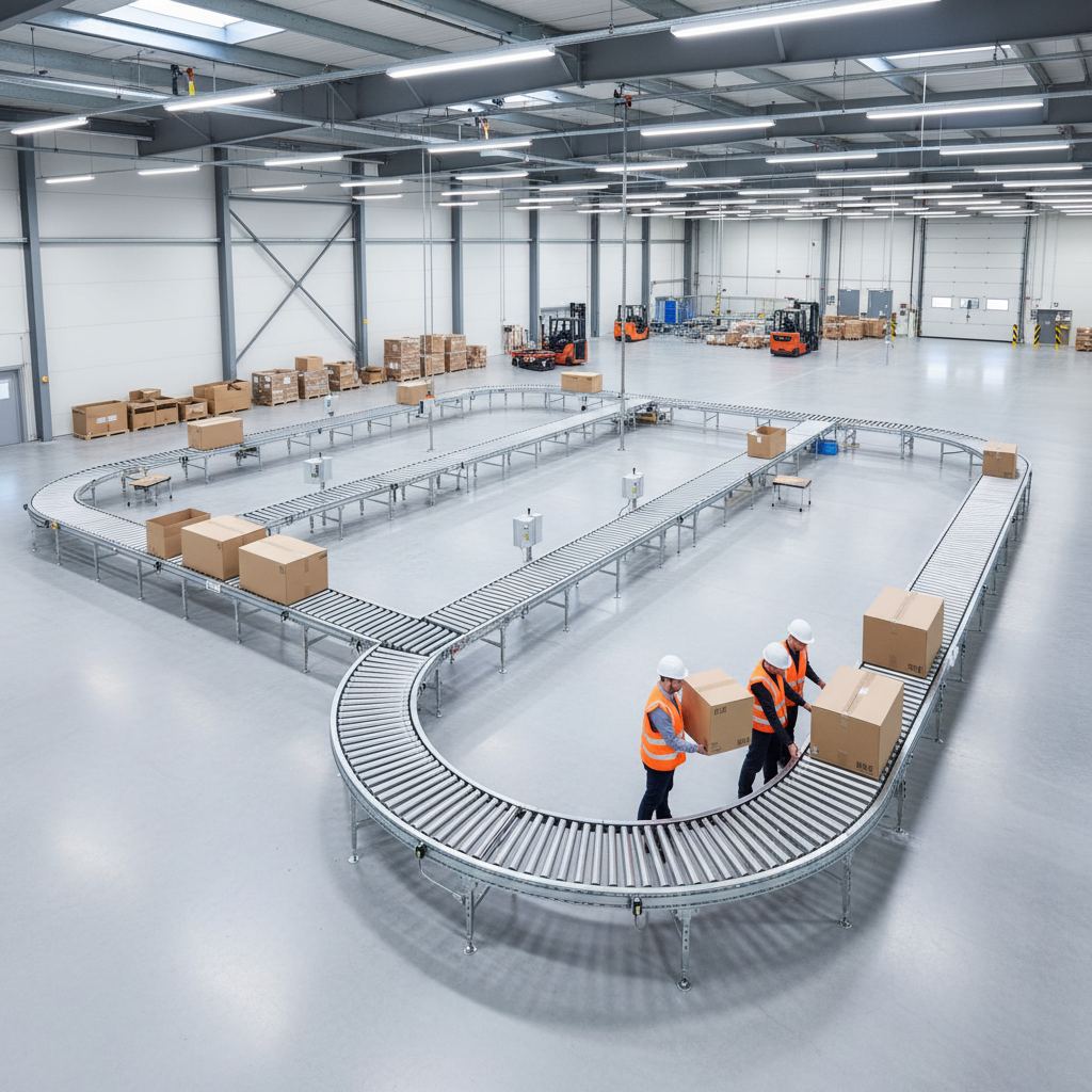 An overhead view of a modular conveyor system in a modern Benelux warehouse, showing its flexibility with workers reconfiguring a section.