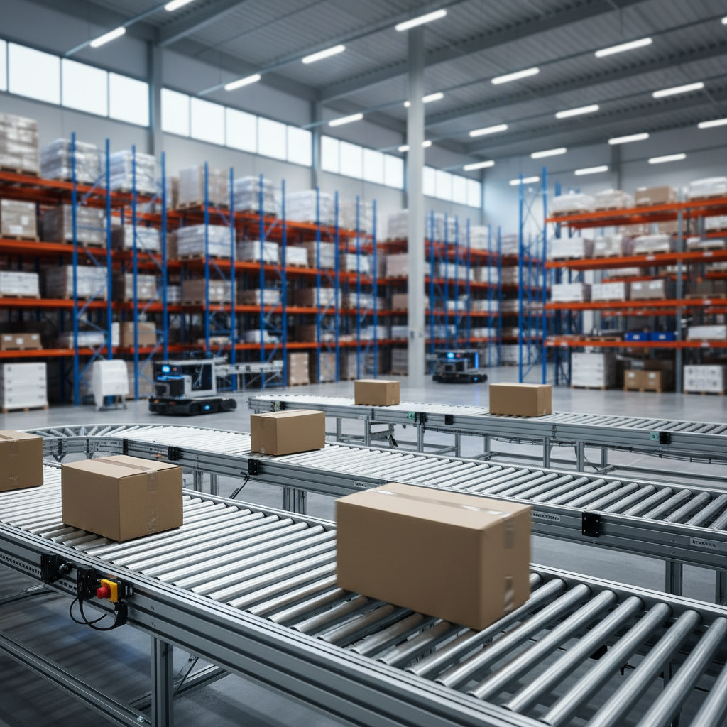 Modern modular conveyor system in a clean and efficient Benelux distribution center.