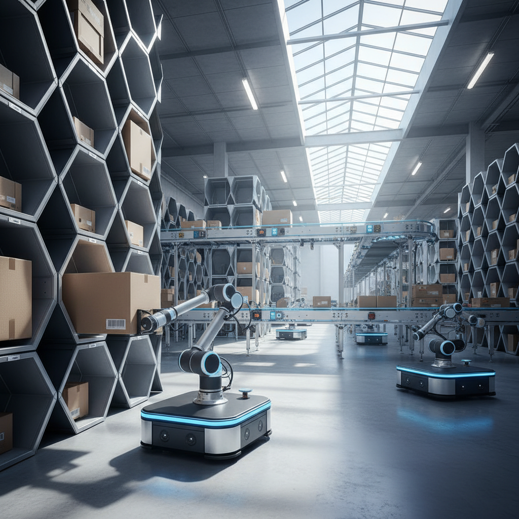 Ein modularer Roboterarm auf einem AMR, der autonom ein Paket in einem modernen europäischen Distributionszentrum mit fl