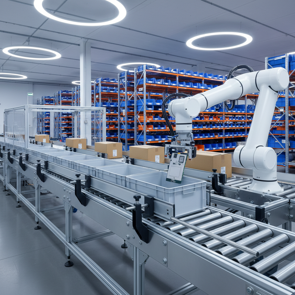 Een collaboratieve robotarm gemonteerd op een transportsysteem, die het verpakkingsproces automatiseert in een modern ma