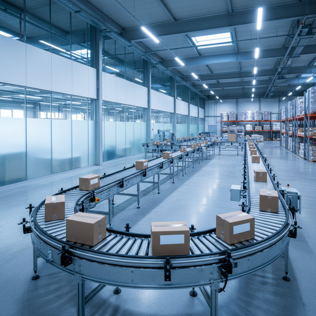 A modern, low-noise conveyor system operating efficiently in a clean Benelux distribution center.