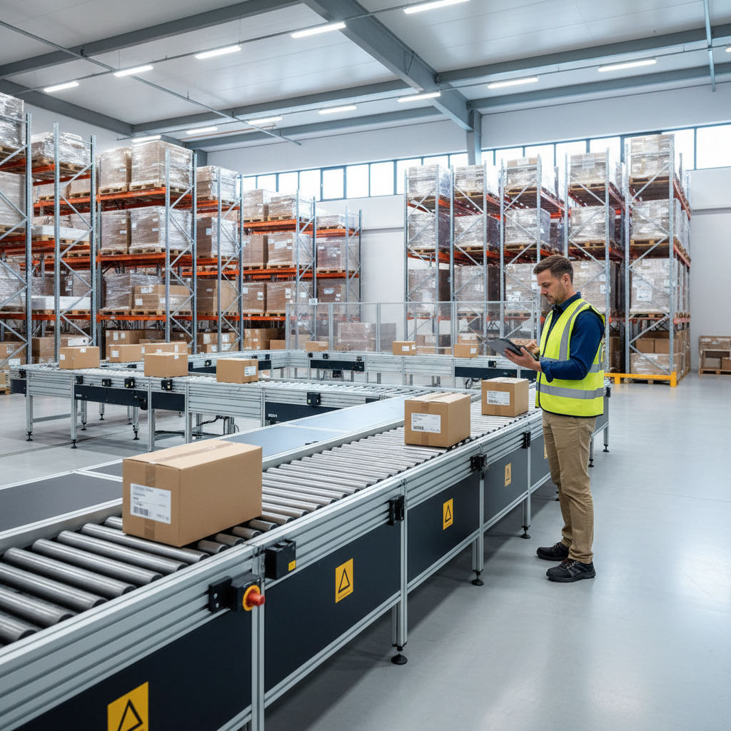 A Benelux warehouse manager using a tablet to optimize a modular conveyor system with a low-code application.