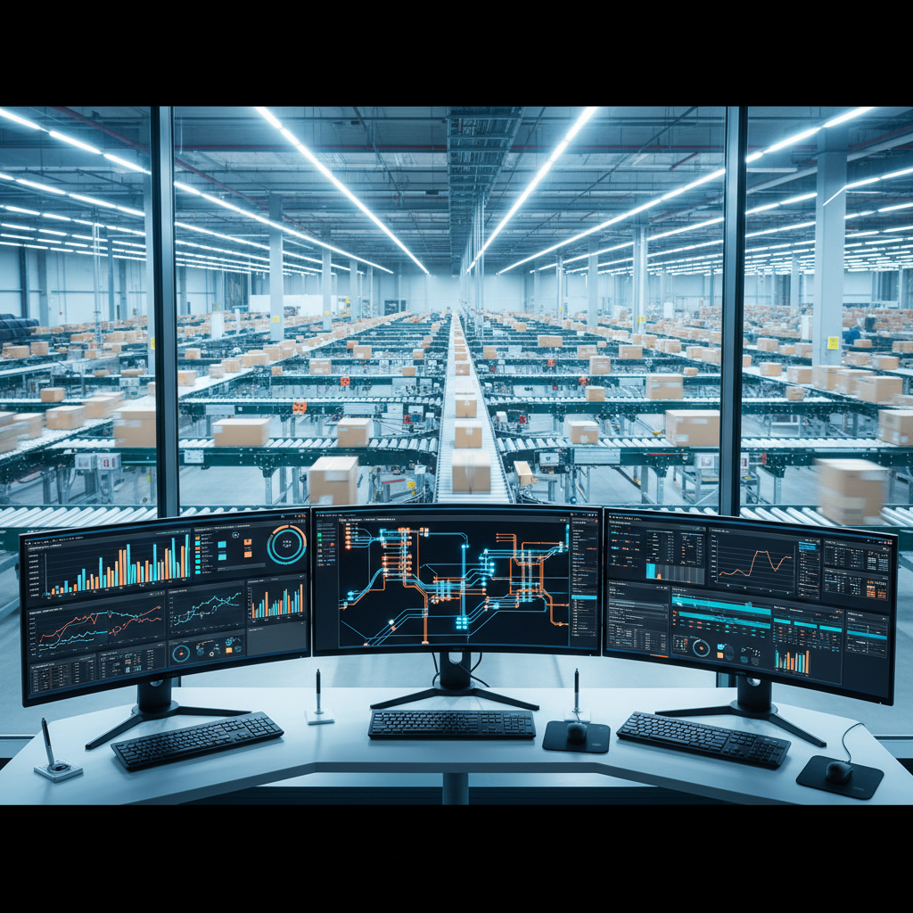 A modern warehouse control room overlooking a vast network of automated conveyor systems, with monitors displaying fleet management software dashboards.