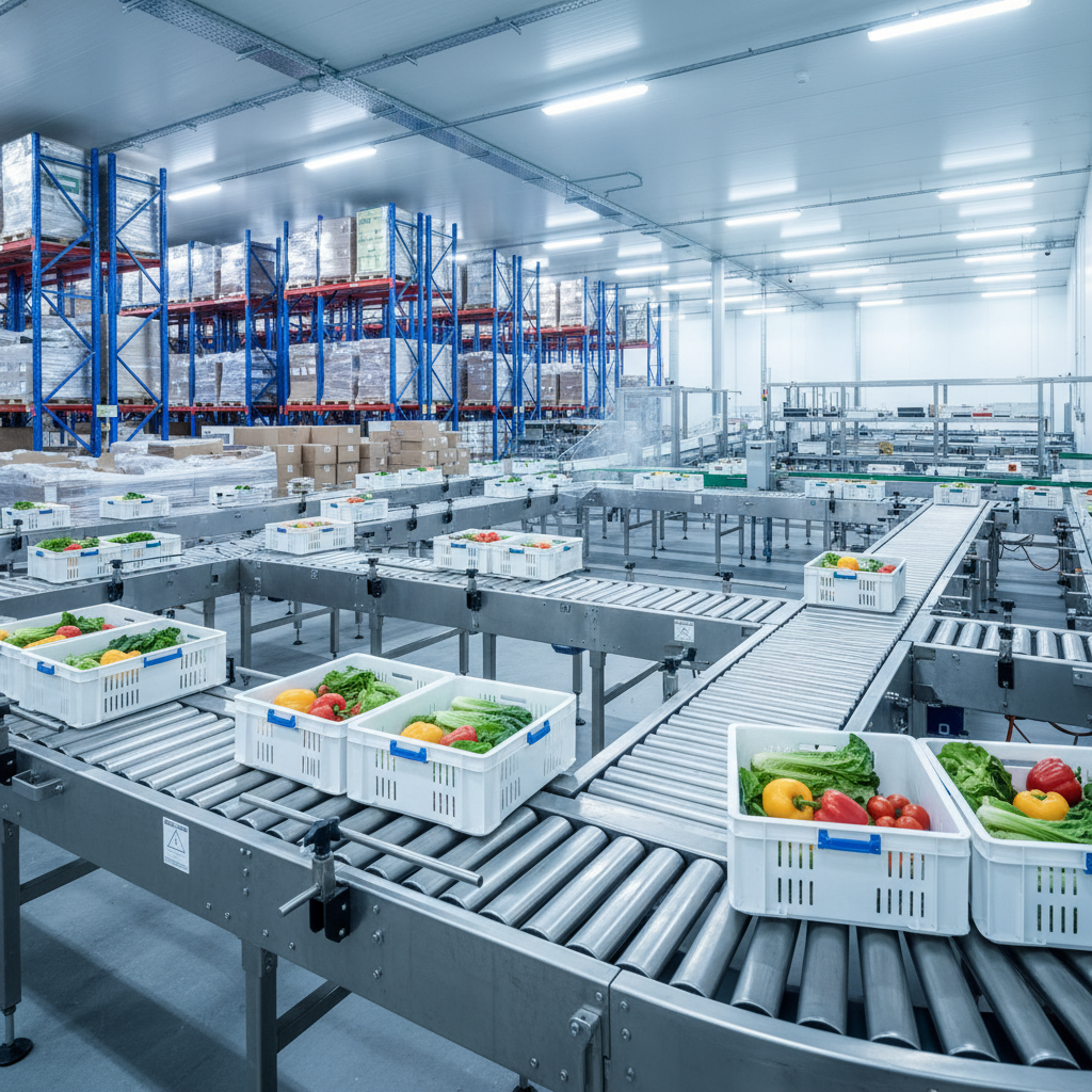A stainless steel modular belt conveyor system operating in a clean, refrigerated warehouse environment, transporting goods for cold chain logistics.