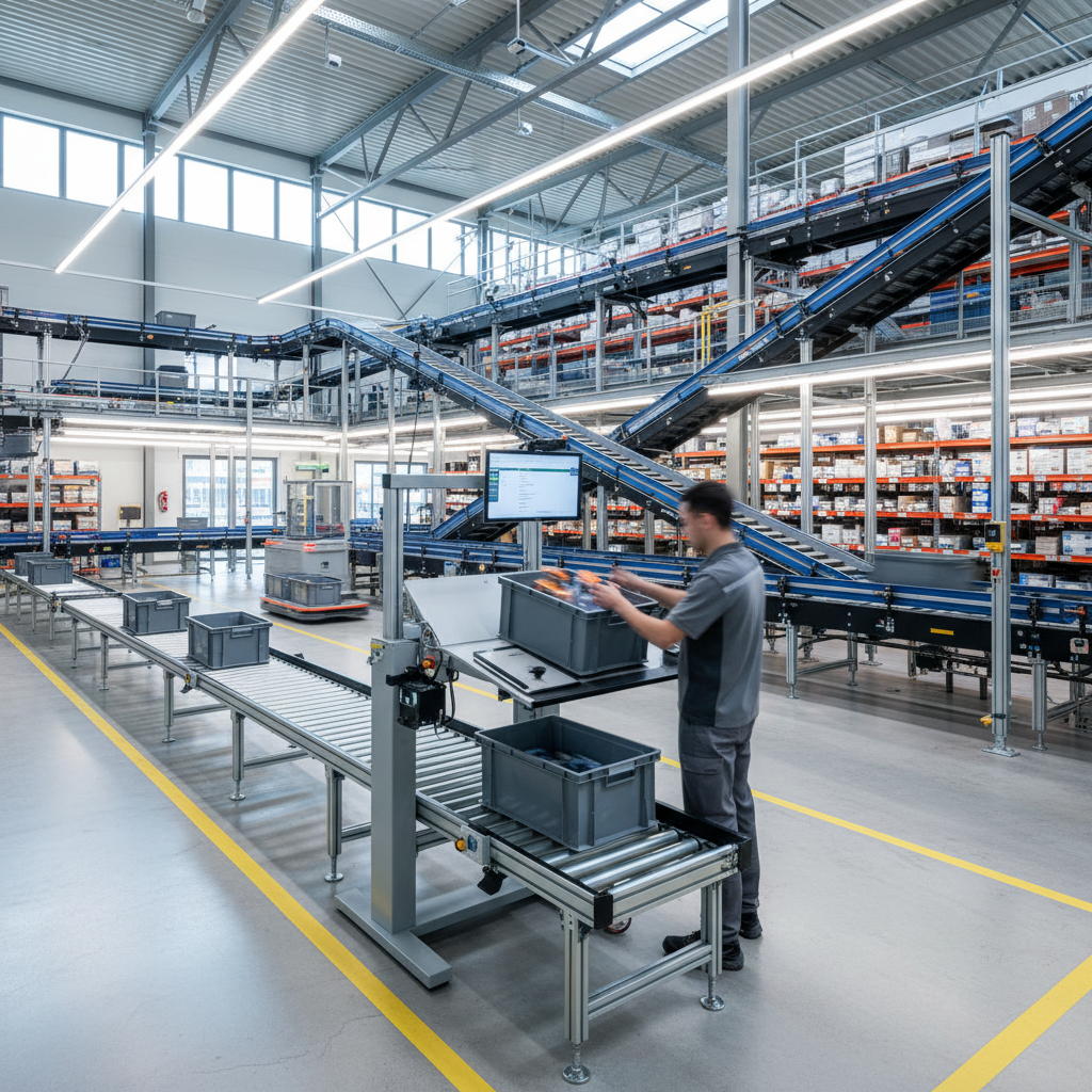 Worker at an ergonomic picking station in a modern warehouse, with automated conveyors transporting goods.