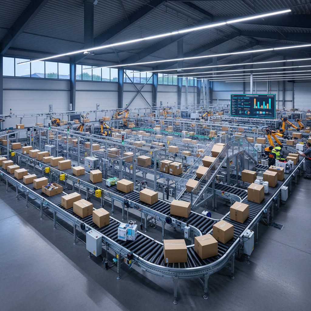 Een geautomatiseerd transportbandsysteem verwerkt geretourneerde pakketten in een modern Benelux-magazijn, wat de effici