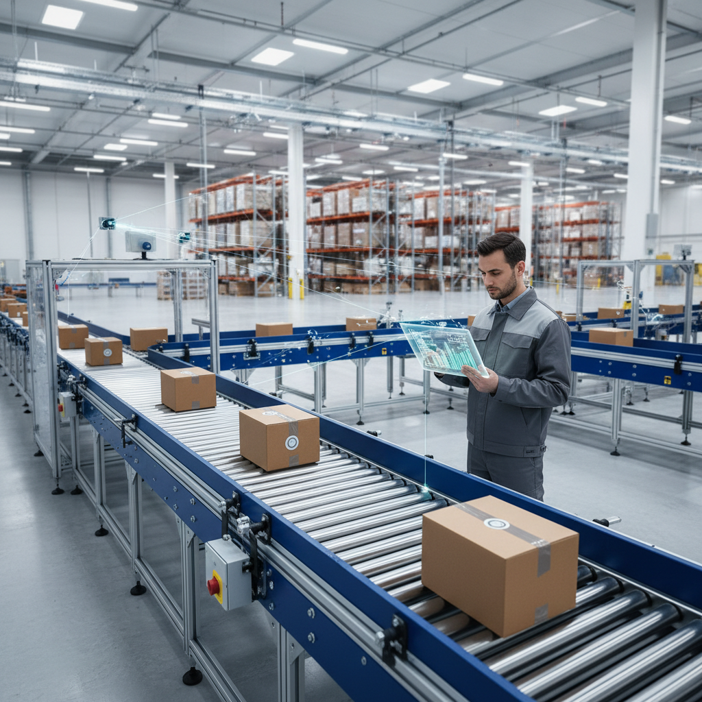 Eine moderne Förderanlage in einem Lager in den Benelux-Ländern mit Datenlinien, die die Verbindung zwischen SPS und einer IIoT-Plattform visualisieren.