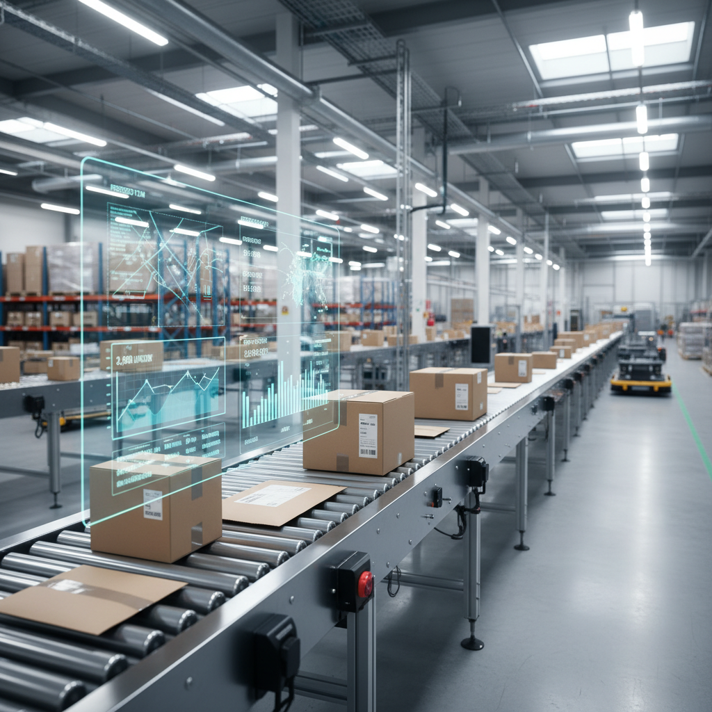 A modern conveyor system in a Benelux warehouse, with predictive analytics graphs forecasting throughput efficiency.