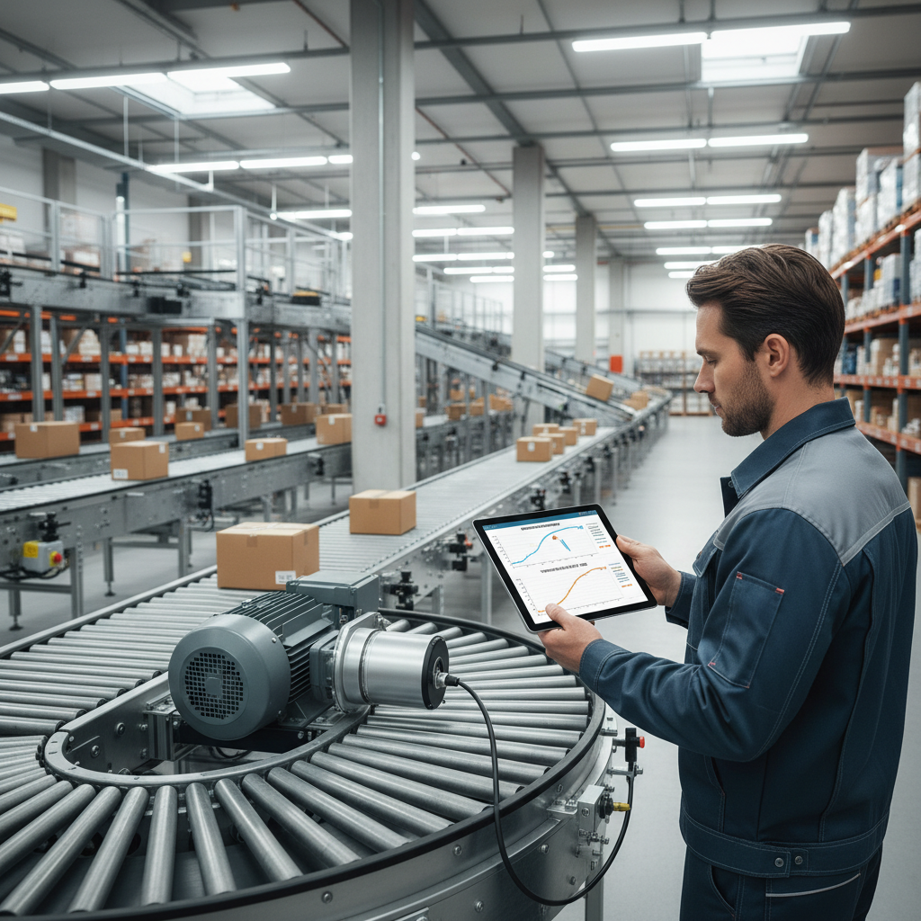 Een onderhoudsmonteur gebruikt een tablet om voorspellende onderhoudsgegevens van een sensor op een transportbandmotor t