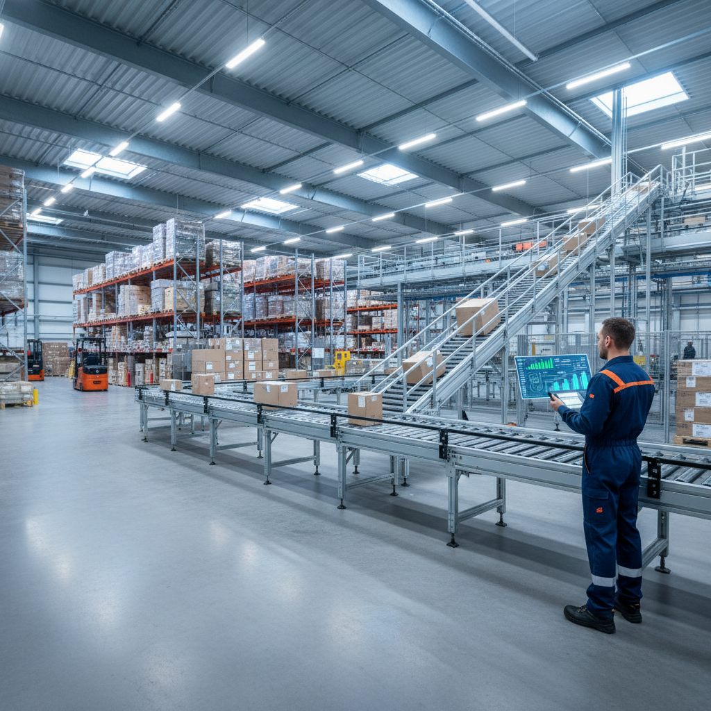 Technician analyzing predictive maintenance data on a tablet next to a modern conveyor belt system in a distribution center.