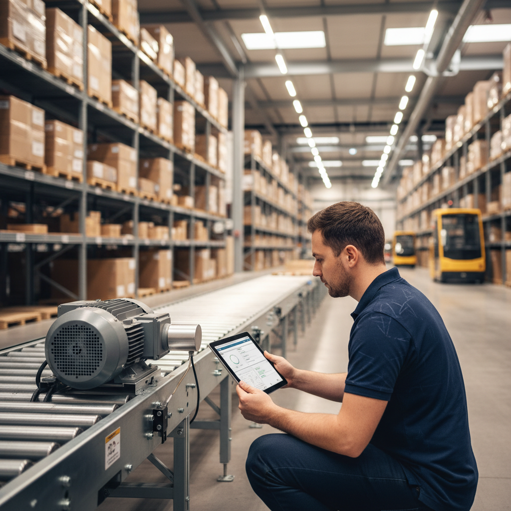 Een onderhoudsingenieur controleert voorspellende onderhoudsgegevens op een tablet naast een motor van een transportsyst