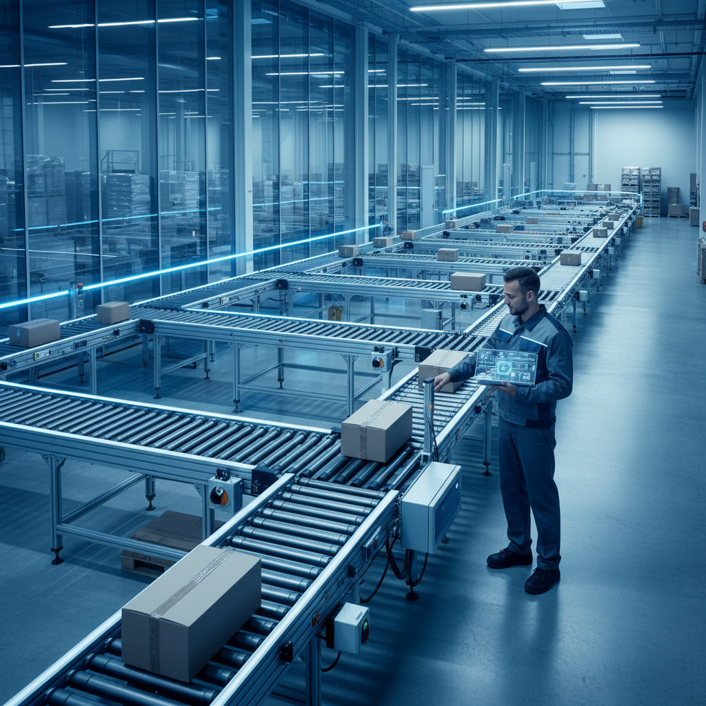 Technicus inspecteert een transportsysteem in een Benelux magazijn, met behulp van een tablet voor data-analyse van voor