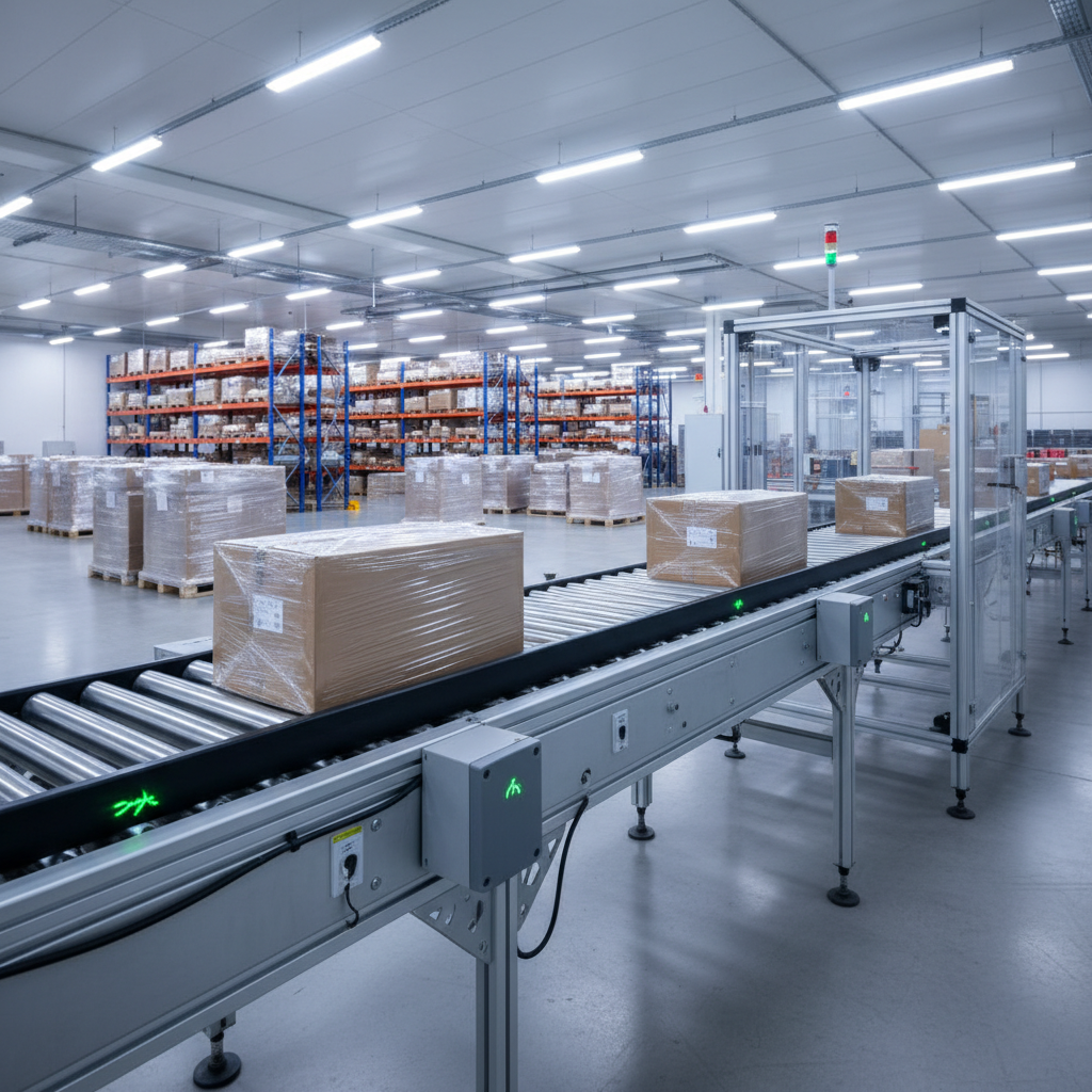 Een modern rollenbaansysteem in een Benelux magazijn, uitgerust met sensoren voor voorspellend onderhoud om downtime te 
