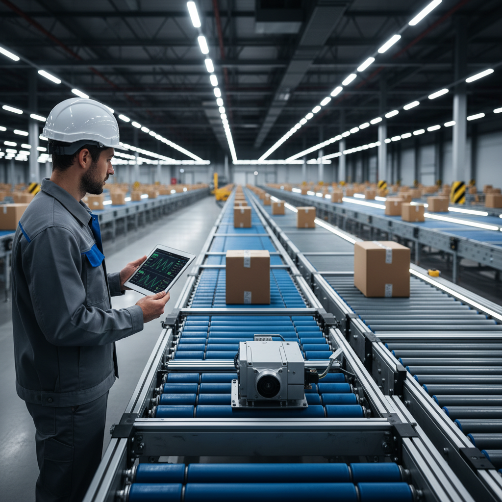 Een ingenieur gebruikt een tablet om voorspellende onderhoudsgegevens te controleren op een motor van een transportbands