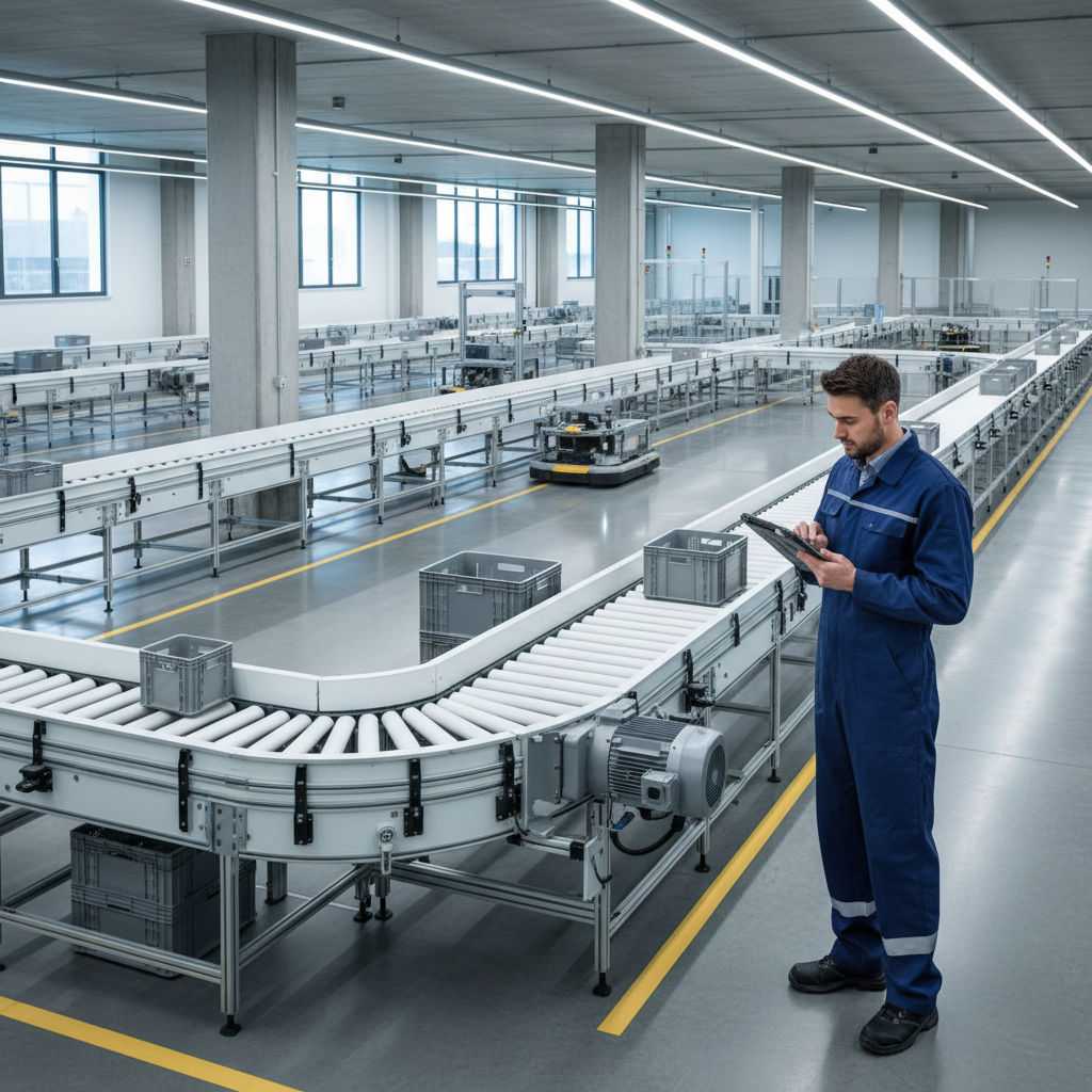 A maintenance engineer in a modern warehouse using a tablet to analyze predictive maintenance data from a sensor on a conveyor motor.