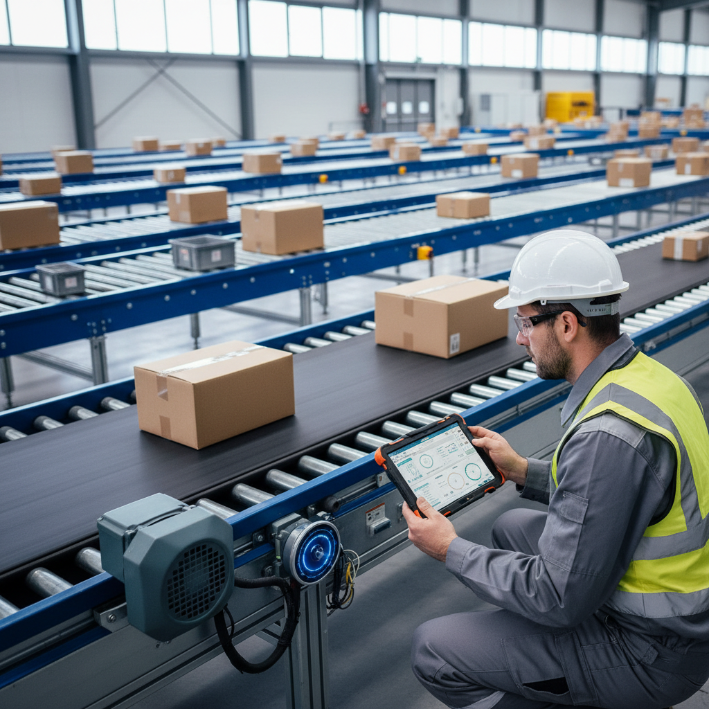 Een onderhoudsmonteur in een Benelux-magazijn inspecteert een transportbandsysteemmotor met een tablet voor voorspellend