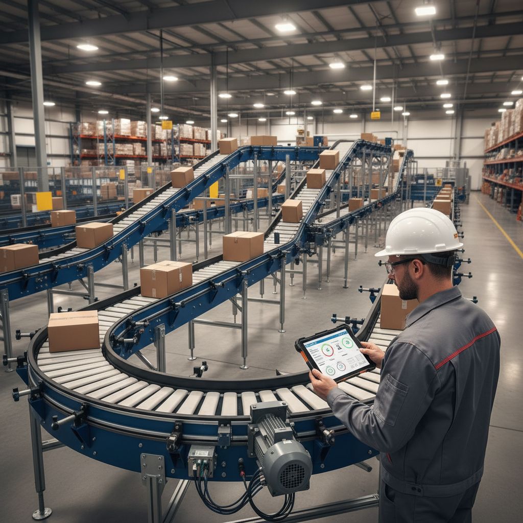Een onderhoudsingenieur analyseert voorspellende onderhoudsgegevens op een tablet voor een modern transportbandsysteem i