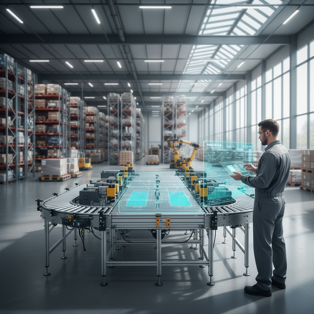 Een technicus in een Benelux magazijn inspecteert een transportbandsysteem met een tablet waarop voorspellende onderhoud