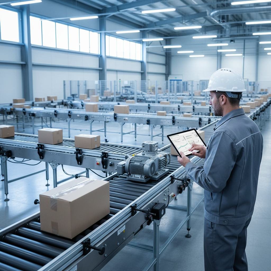 Technician inspecting a conveyor belt motor with a tablet showing predictive maintenance data in a modern Benelux warehouse.