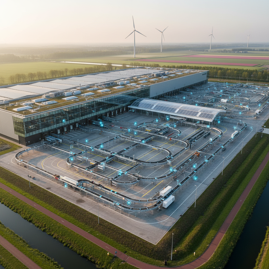A network of conveyor belts in a modern Benelux warehouse, equipped with IoT sensors for predictive maintenance.